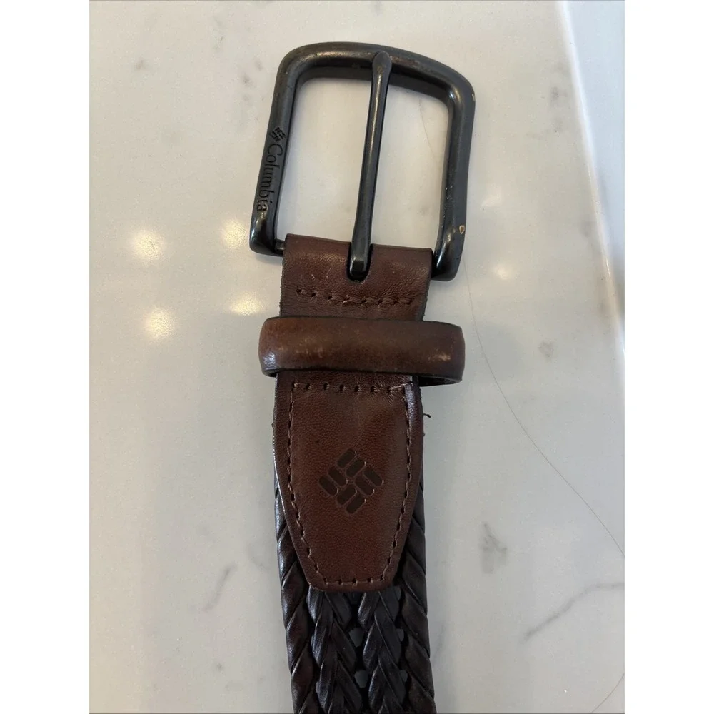 Columbia Belt 42-44 Men's Brown Leather‎ Synthetic Lacing Trim Braided Belt